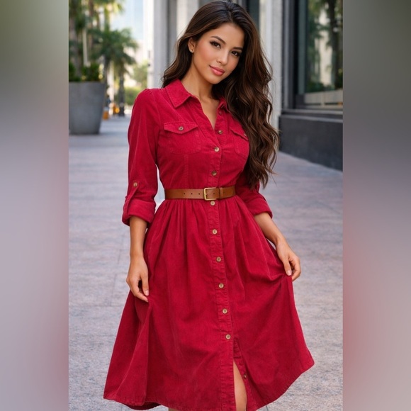 Fei Dresses & Skirts - Women's Red Button-Front Shirt Dress with Belt